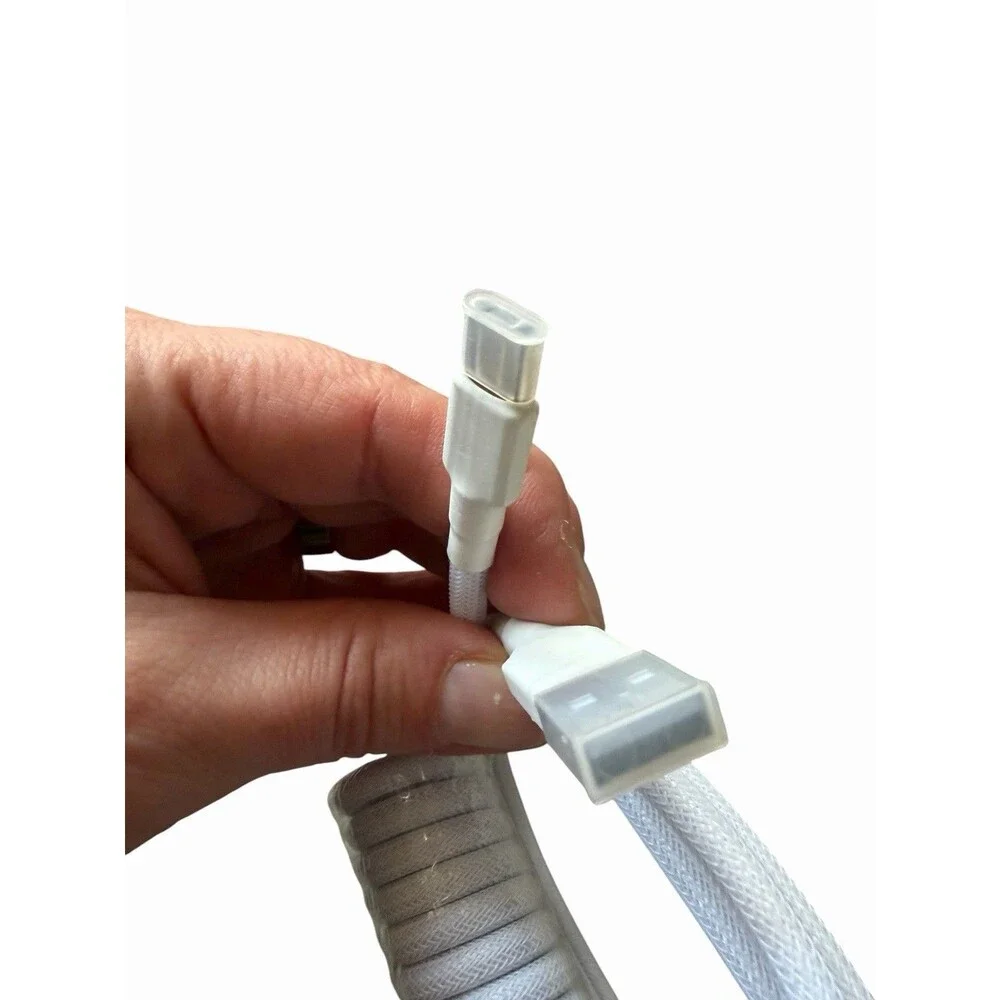 NEW White Coiled USB C Keyboard Cable Braided Detachable 5 Pin Aviator Connector